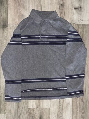 Striped Grey Polo Pullover with Navy Accents